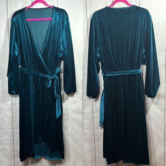 Bloomchic Velvet Wrap V Neck Green Stretch Belted Whimsigoth Witchy Maxi Dress - Picture 1 of 15